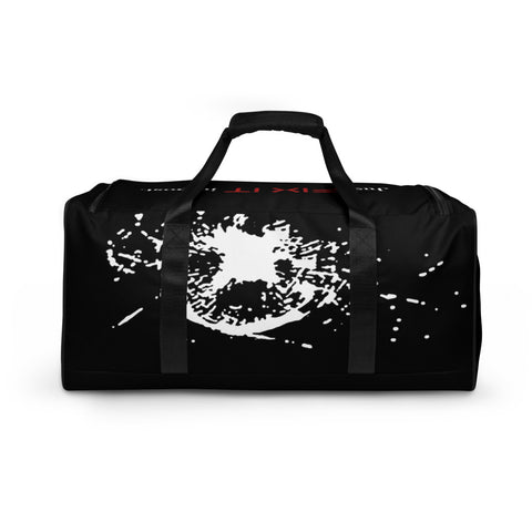 Tesla inspired apparel. Cybertruck. Steel Ball. Broken windows. Shattered image centered on duffle bag.