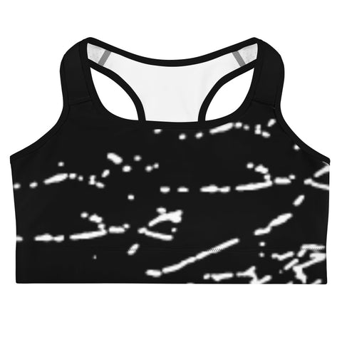 Tesla inspired apparel. Cybertruck. Steel Ball. Broken windows. Shattered image centered on sports bra.