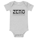 Tesla inspired apparel. EV no emissions. Electric Vehicle Car. Zero Emissions image centered on baby onesie.