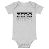 Tesla inspired apparel. EV no emissions. Electric Vehicle Car. Zero Emissions image centered on baby onesie.