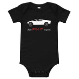 Tesla inspired apparel. Elon Musk quote. Cybertruck. Just Fix It In Post image centered on baby onesie.