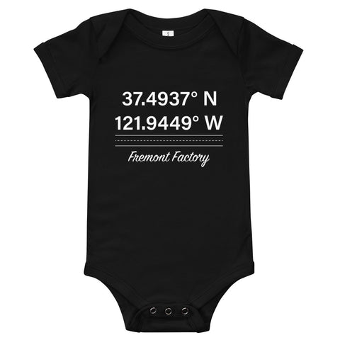 Tesla inspired apparel. Fremont Gigafactory GPS coordinates. Birthplace Fremont image centered on baby onesie.