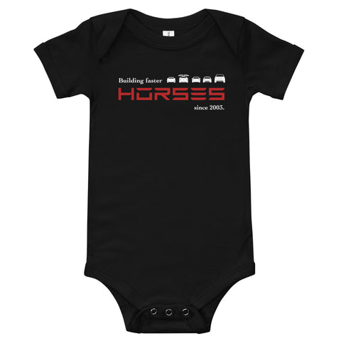 Tesla inspired apparel. Henry Ford and Elon Musk. Comments about horses. Building Faster Horses image centered on baby onesie.