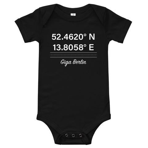 Tesla inspired apparel. Berlin Gigafactory GPS coordinates. Birthplace Berlin image centered on baby onesie.