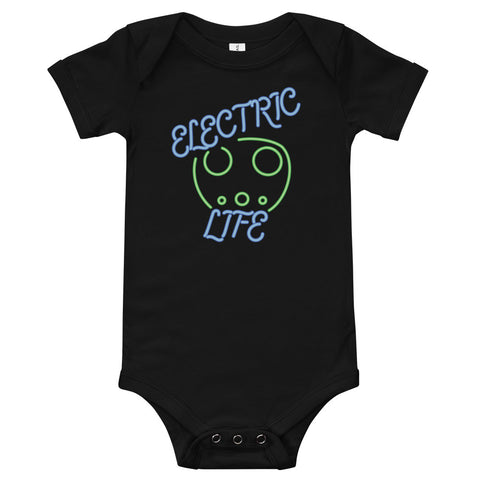 Tesla inspired apparel. EV car charger. Electric Life image centered on baby onesie.