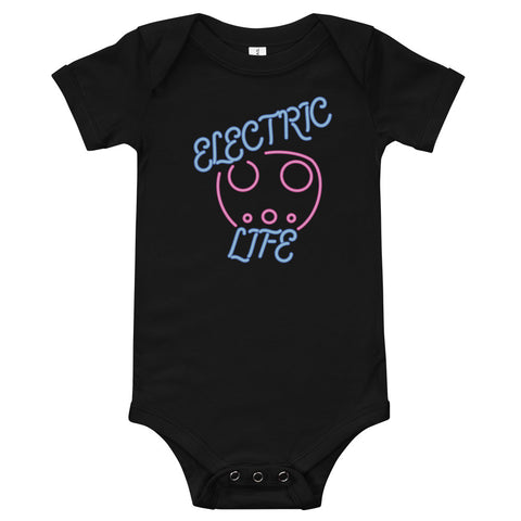 Tesla inspired apparel. EV car charger. Electric Life image centered on baby onesie.