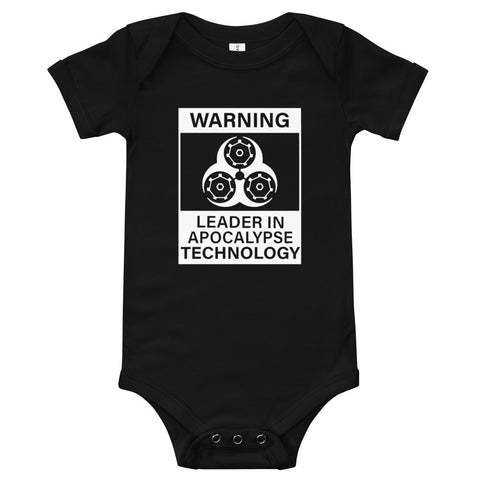 Tesla inspired apparel. Elon Musk quote. Cybertruck. Leader In Apocalypse Technology image centered on baby onesie.