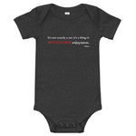 Tesla inspired apparel. Elon Musk quote. Maximize Enjoyment image centered on baby onesie.