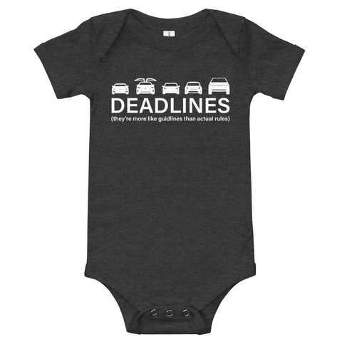 Tesla inspired apparel.  Elon Musk missing deadlines since day one. Deadlines image centered on baby onesie.