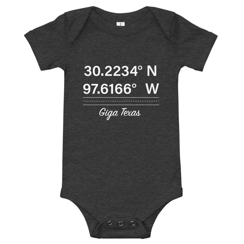 Tesla inspired apparel. Texas Gigafactory GPS coordinates. Birthplace Texas image centered on baby onesie.