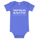 Tesla inspired apparel. EV no emissions. Electric Vehicle Car. Zero Emissions image centered on baby onesie.