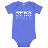 Tesla inspired apparel. EV no emissions. Electric Vehicle Car. Zero Emissions image centered on baby onesie.