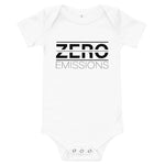 Tesla inspired apparel. EV no emissions. Electric Vehicle Car. Zero Emissions image centered on baby onesie.