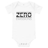 Tesla inspired apparel. EV no emissions. Electric Vehicle Car. Zero Emissions image centered on baby onesie.