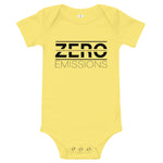 Tesla inspired apparel. EV no emissions. Electric Vehicle Car. Zero Emissions image centered on baby onesie.