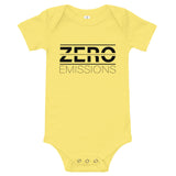 Tesla inspired apparel. EV no emissions. Electric Vehicle Car. Zero Emissions image centered on baby onesie.