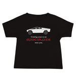 Tesla inspired apparel. Cybertruck. Apocalypse Near You image centered on baby t-shirt.