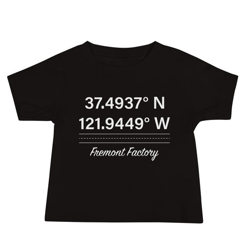 Tesla inspired apparel. Fremont Gigafactory GPS coordinates. Birthplace Fremont image centered on baby t-shirt.