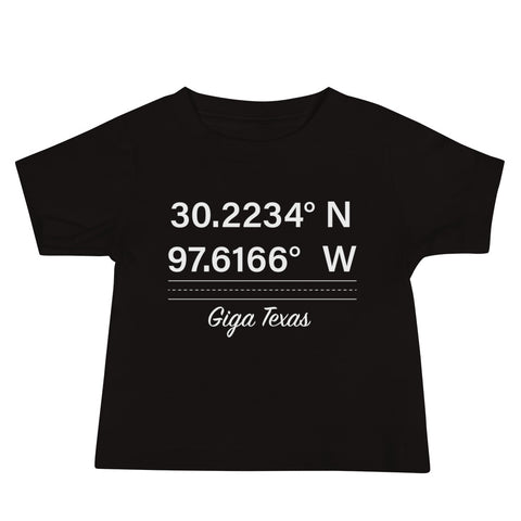 Tesla inspired apparel. Texas Gigafactory GPS coordinates. Birthplace Texas image centered on baby t-shirt.