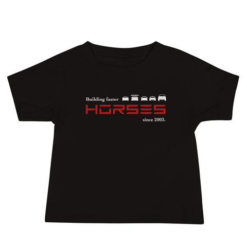 Tesla inspired apparel. Henry Ford and Elon Musk. Comments about horses. Building Faster Horses image centered on baby t-shirt.