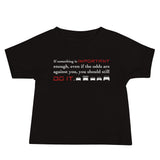 Tesla inspired apparel. Elon Musk quote. Against All Odds image centered on black t-shirt.