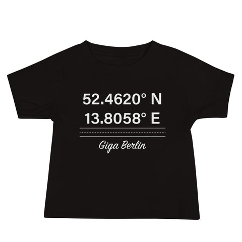 Tesla inspired apparel. Berlin Gigafactory GPS coordinates. Birthplace Berlin image centered on baby t-shirt.