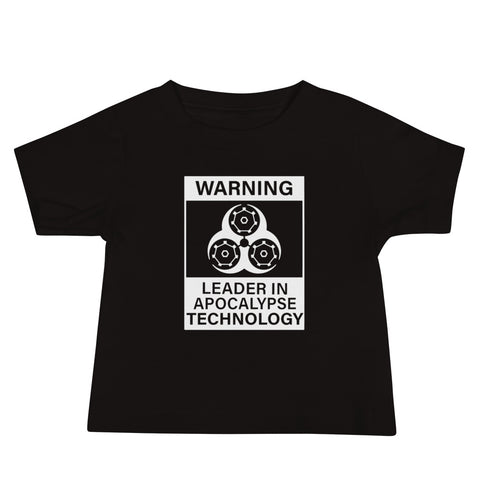 Tesla inspired apparel. Elon Musk quote. Cybertruck. Leader In Apocalypse Technology image centered on baby t-shirt.