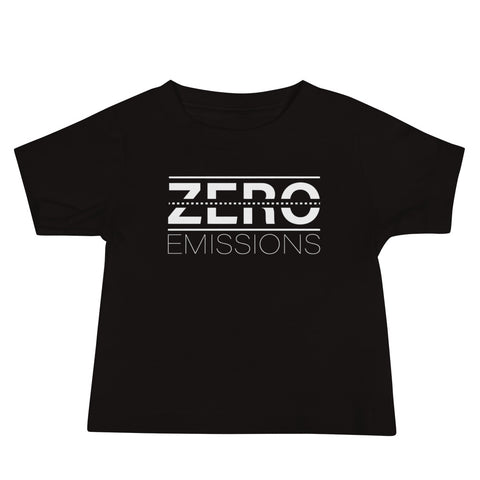 Tesla inspired apparel. EV no emissions. Electric Vehicle Car. Zero Emissions image centered on baby t-shirt.