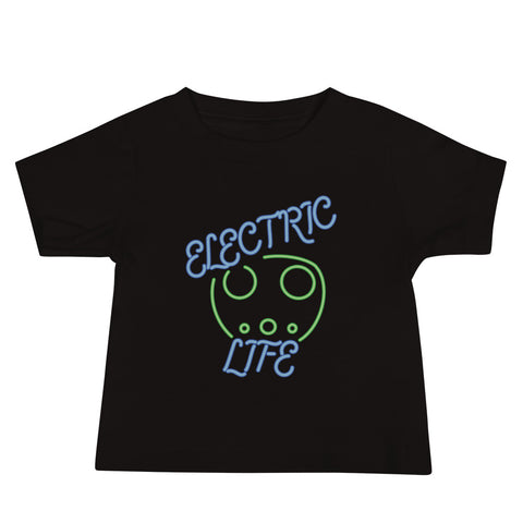 Tesla inspired apparel. EV car charger. Electric Life image centered on baby t-shirt.