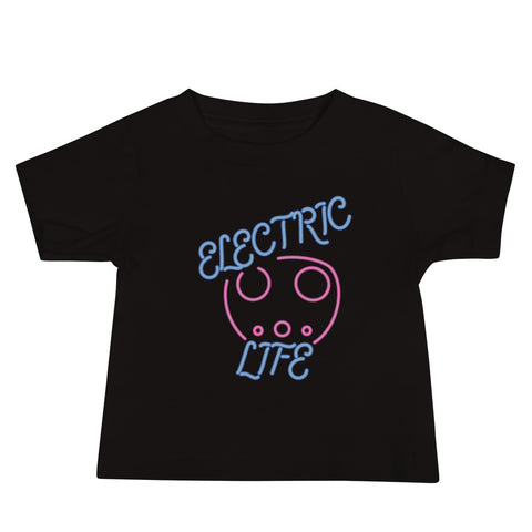 Tesla inspired apparel. EV car charger. Electric Life image centered on baby t-shirt.