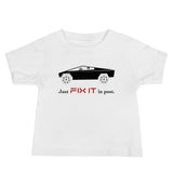 Tesla inspired apparel. Elon Musk quote. Cybertruck. Just Fix It In Post image centered on baby t-shirt.