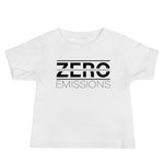 Tesla inspired apparel. EV no emissions. Electric Vehicle Car. Zero Emissions image centered on baby t-shirt.