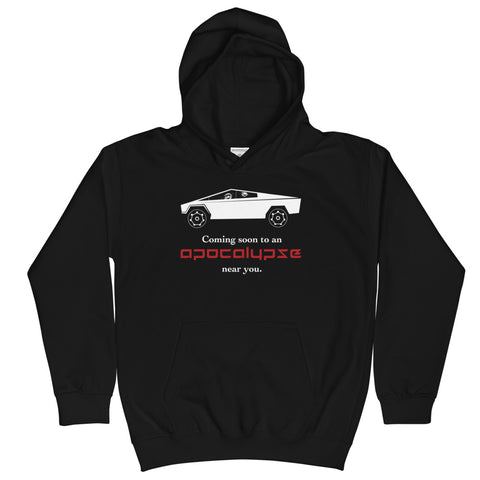 Tesla inspired apparel. Cybertruck. Apocalypse Near You image centered on kids hoodie.