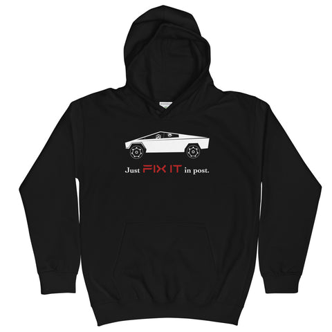 Tesla inspired apparel. Elon Musk quote. Cybertruck. Just Fix It In Post image centered on kids hoodie.