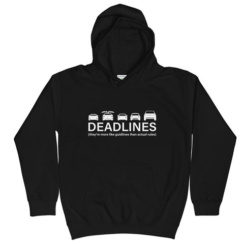 Tesla inspired apparel.  Elon Musk missing deadlines since day one. Deadlines image centered on kids hoodie.