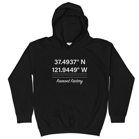 Tesla inspired apparel. Fremont Gigafactory GPS coordinates. Birthplace Fremont image centered on kids hoodie.