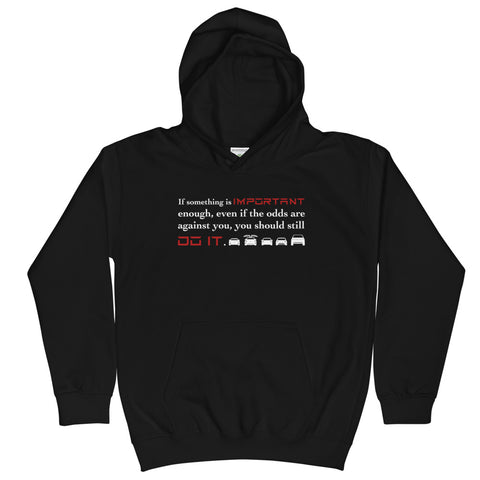 Tesla inspired apparel. Elon Musk quote. Against All Odds image centered on kids black hoodie.