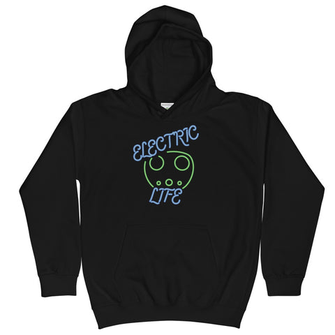 Tesla inspired apparel. EV car charger. Electric Life image centered on kids hoodie.