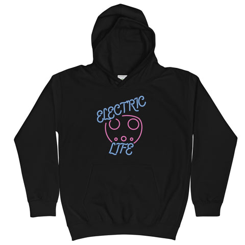 Tesla inspired apparel. EV car charger. Electric Life image centered on kids hoodie.