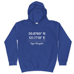 Tesla inspired apparel. Shanghai Gigafactory GPS coordinates. Birthplace Shanghai image centered on kids hoodie.