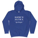 Tesla inspired apparel. Shanghai Gigafactory GPS coordinates. Birthplace Shanghai image centered on kids hoodie.