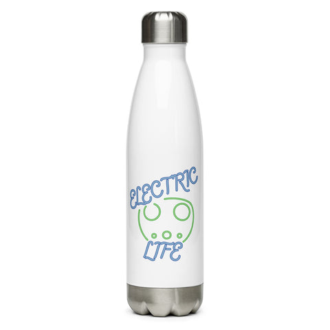 Tesla inspired apparel. EV car charger. Electric Life image centered on water bottle.