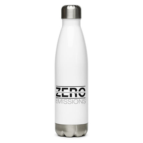 Tesla inspired apparel. EV no emissions. Electric Vehicle Car. Zero Emissions image centered on water bottle.