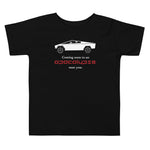 Tesla inspired apparel. Cybertruck. Apocalypse Near You image centered on toddler t-shirt.