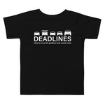 Tesla inspired apparel.  Elon Musk missing deadlines since day one. Deadlines image centered on toddler t-shirt.