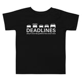 Tesla inspired apparel.  Elon Musk missing deadlines since day one. Deadlines image centered on toddler t-shirt.