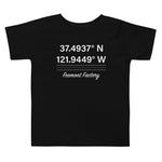 Tesla inspired apparel. Fremont Gigafactory GPS coordinates. Birthplace Fremont image centered on toddler t-shirt.