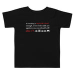 Tesla inspired apparel. Elon Musk quote. Against All Odds image centered on kids black t-shirt.