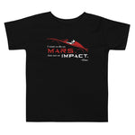 Tesla inspired apparel. Elon Musk quote. Starman in red roadster. Die On Mars, Not On Impact image centered on toddler t-shirt.