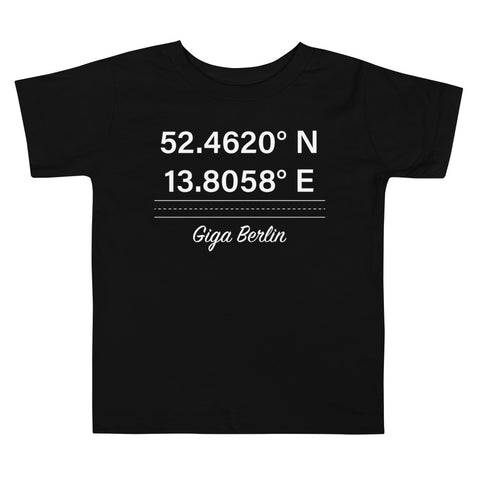 Tesla inspired apparel. Berlin Gigafactory GPS coordinates. Birthplace Berlin image centered on toddler t-shirt.